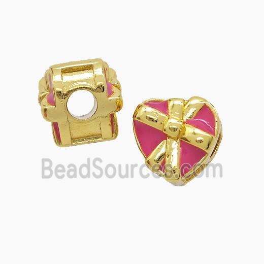 Copper Heart Beads DeepPink Enamel Large Hole Gold Plated