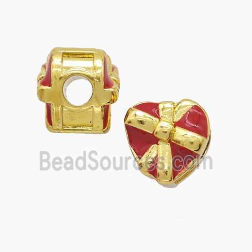 Copper Heart Beads Red Enamel Large Hole Gold Plated