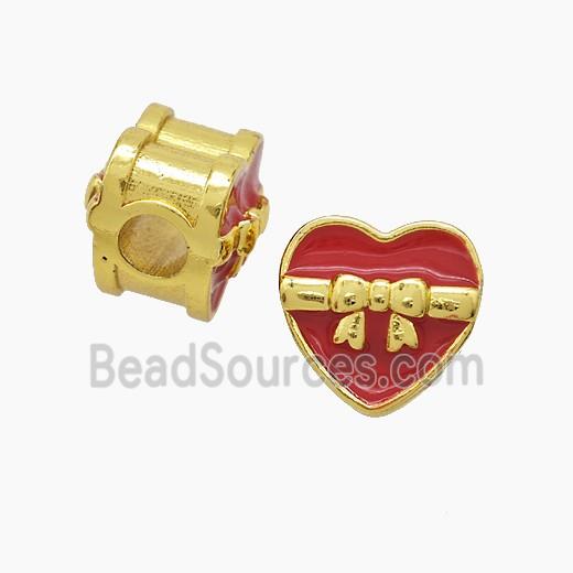 Copper Heart Beads Red Enamel Large Hole Gold Plated