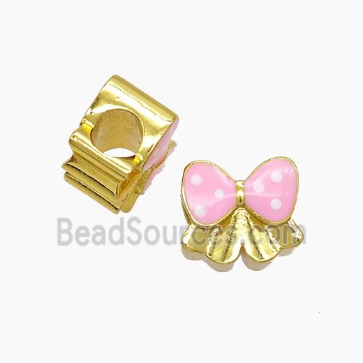 Copper Bowknot Beads Pink Enamel Large Hole Gold Plated