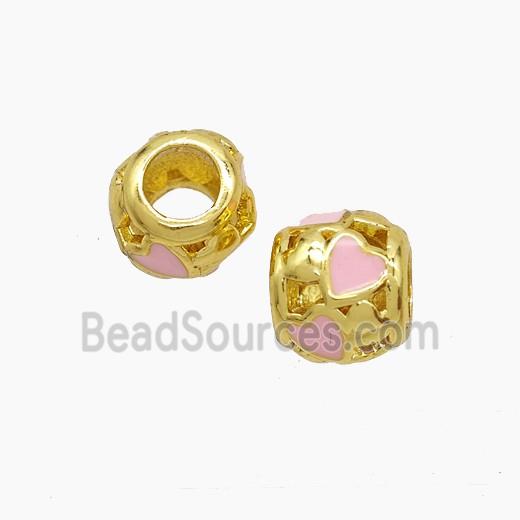 Copper Barrel Beads Pink Enamel Heart Large Hole Gold Plated