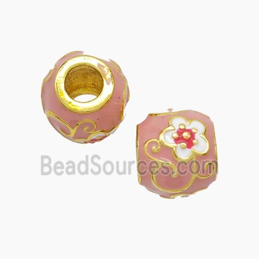 Copper Barrel Beads Pink Enamel Flower Large Hole Gold Plated
