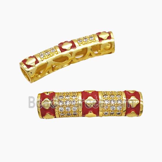 Copper Tube Beads Pave Zirconia Red Enamel Curving Large Hole Gold Plated