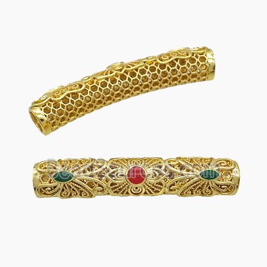 Copper Tube Beads Pave Jade Curving Large Hole Gold Plated