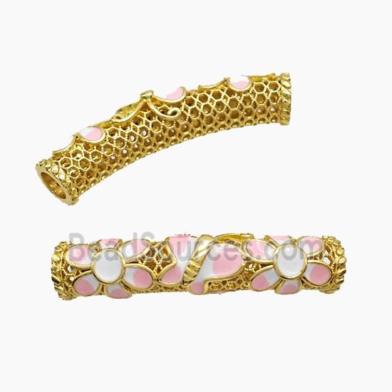 Copper Tube Beads Pink Enamel Flower Curving Large Hole Gold Plated