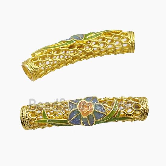 Copper Tube Beads Enamel Flower Curving Large Hole Gold Plated