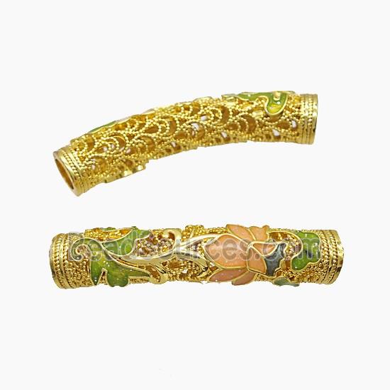 Copper Tube Beads Multicolor Enamel Flower Curving Large Hole Gold Plated