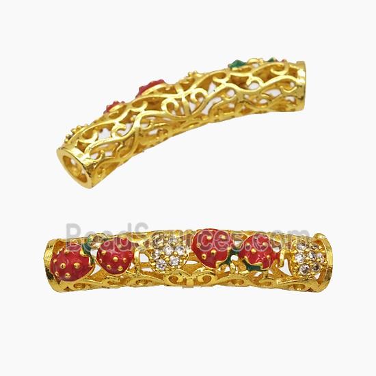Copper Tube Beads Pave Zirconia Red Enamel Strawberry Curving Large Hole Gold Plated