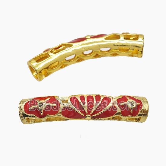Copper Tube Beads Red Enamel Flower Curving Large Hole Gold Plated