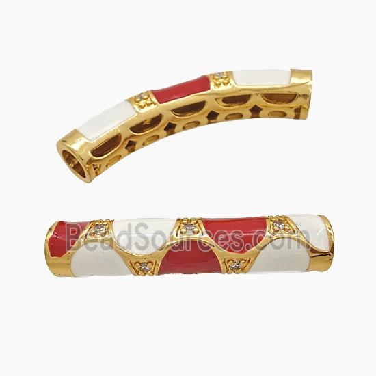 Copper Tube Beads Pave Zirconia White Red Enamel Curving Large Hole Gold Plated