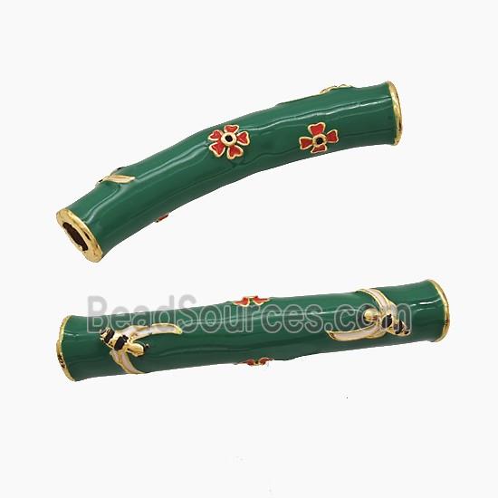 Copper Tube Beads Green Enamel Large Hole Curving Gold Plated
