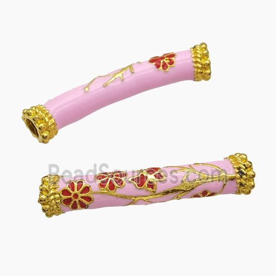 Copper Tube Beads Pink Enamel Large Hole Curving Flower Gold Plated