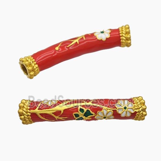 Copper Tube Beads Red Enamel Large Hole Flower Curving Gold Plated