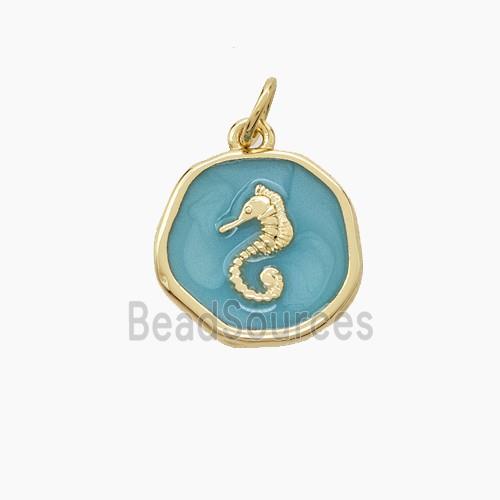 Copper Seahorse Pendant Green Enamel Gold Plated