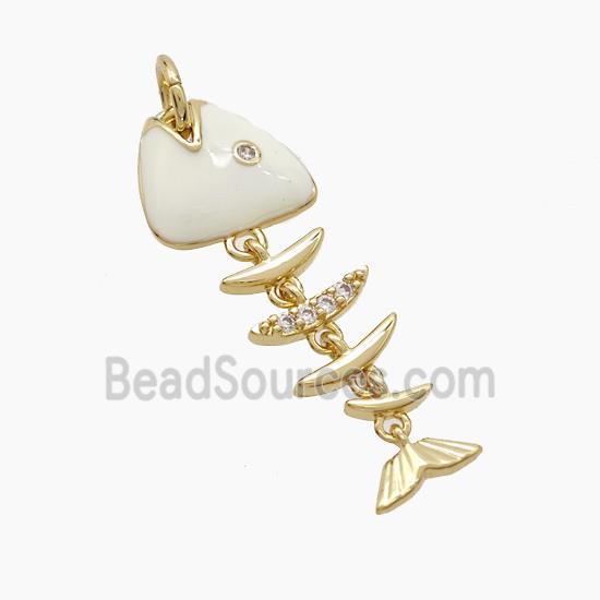 Copper Fishbone Pendant Pave Zirconia White Enamel Gold Plated