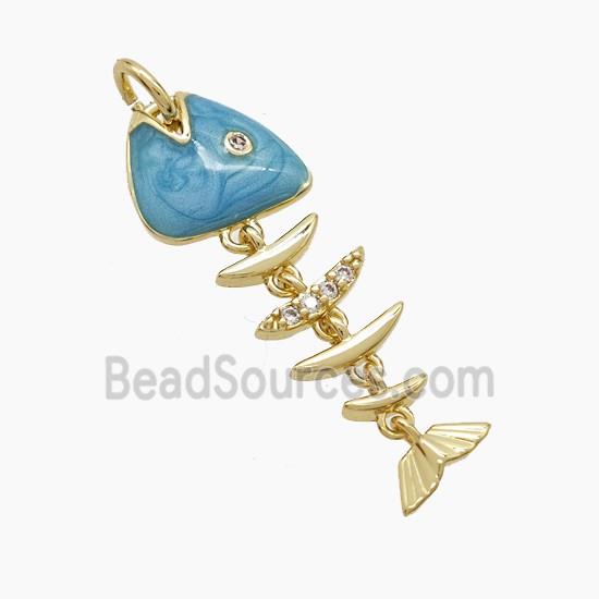 Copper Fishbone Pendant Pave Zirconia Green Enamel Gold Plated