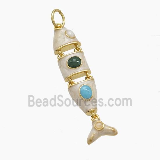 Copper Fish Pendant Pave Gemsone White Enamel Gold Plated