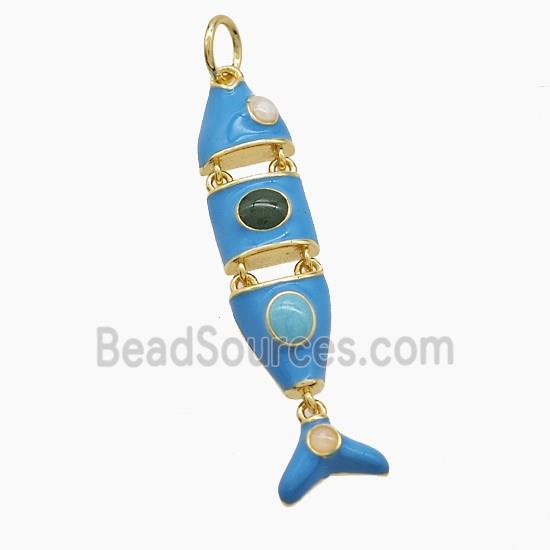 Copper Fish Pendant Pave Gemsone Blue Enamel Gold Plated