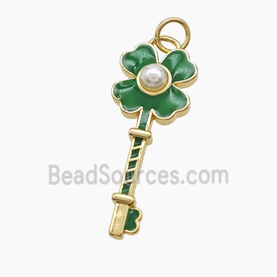 Copper Key Pendant Pave Resin Green Enamel Clover Gold Plated