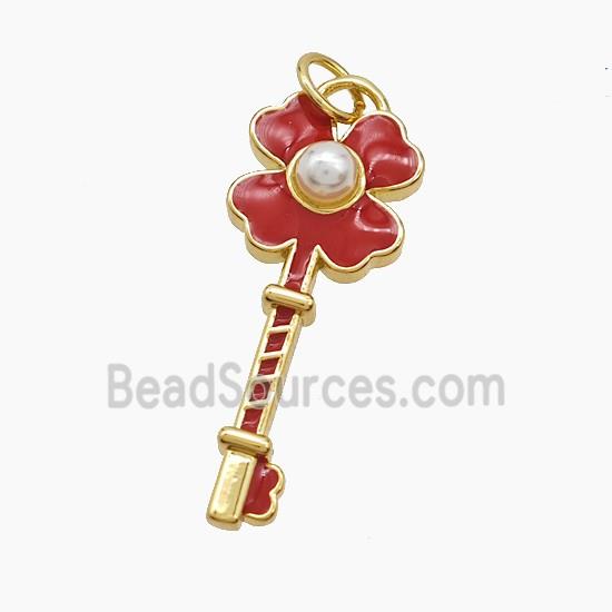 Copper Key Pendant Pave Resin Red Enamel Clover Gold Plated