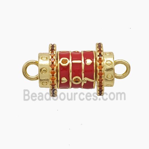 Copper Tube Connector Pave Zirconia Red Enamel Gold Plated
