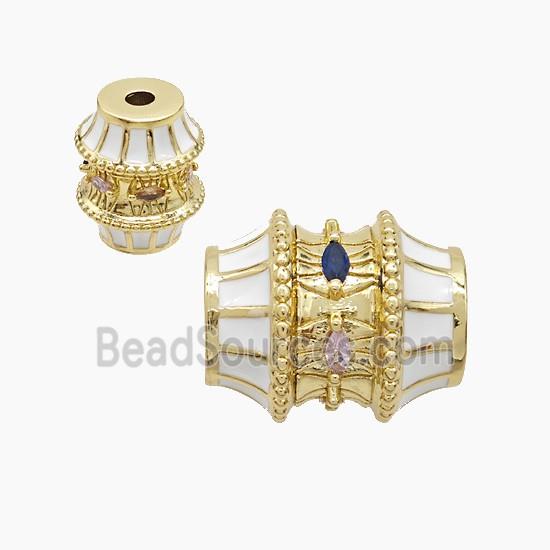 Copper Barrel Beads Pave Zirconia White Enamel Gold Plated