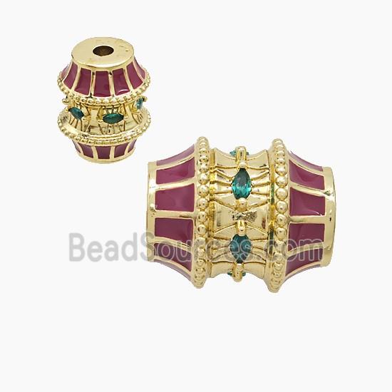 Copper Barrel Beads Pave Zirconia Red Enamel Gold Plated