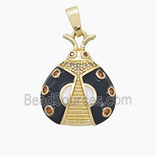 Copper Ladybug Pendant Pave Zirconia Black Enamel Gold Plated