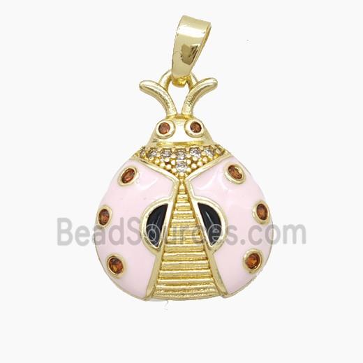 Copper Ladybug Pendant Pave Zirconia Lt.pink Enamel Gold Plated