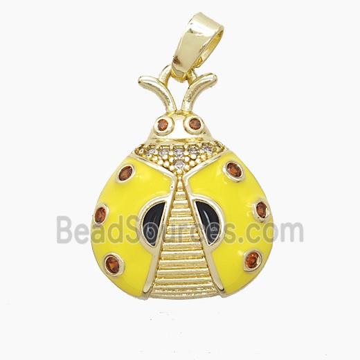 Copper Ladybug Pendant Pave Zirconia Yellow Enamel Gold Plated