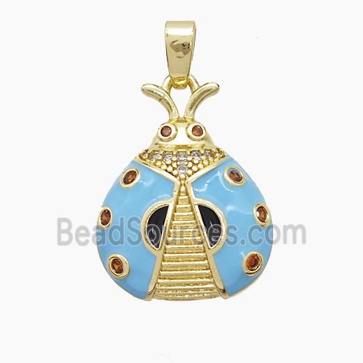 Copper Ladybug Pendant Pave Zirconia Blue Enamel Gold Plated