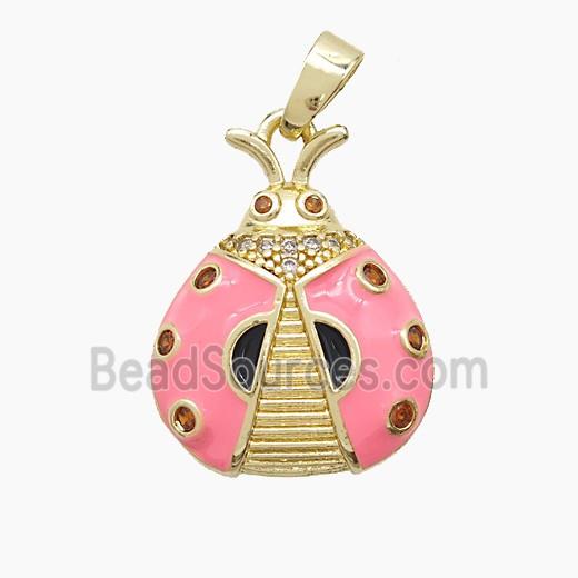 Copper Ladybug Pendant Pave Zirconia Pink Enamel Gold Plated