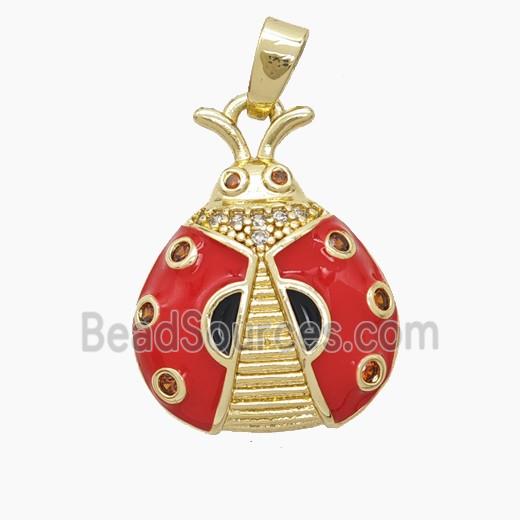 Copper Ladybug Pendant Pave Zirconia Red Enamel Gold Plated