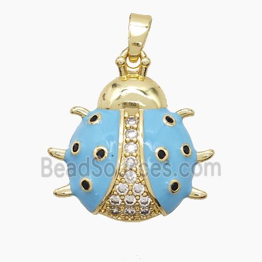 Copper Ladybug Pendant Pave Zirconia Blue Enamel Gold Plated