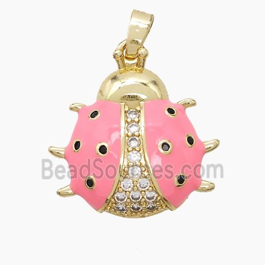 Copper Ladybug Pendant Pave Zirconia Pink Enamel Gold Plated