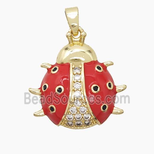 Copper Ladybug Pendant Pave Zirconia Red Enamel Gold Plated