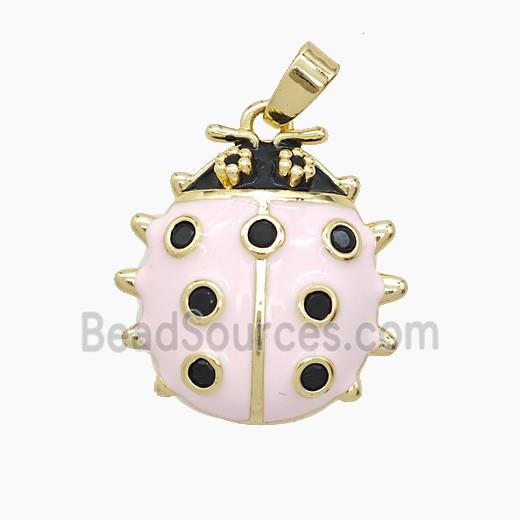 Copper Ladybug Pendant Pave Zirconia Lt.pink Enamel Gold Plated