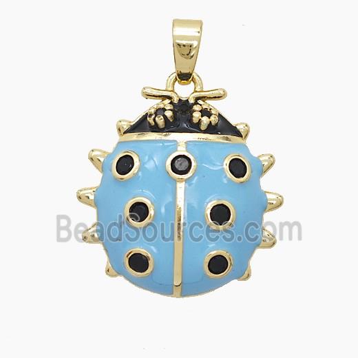 Copper Ladybug Pendant Pave Zirconia Blue Enamel Gold Plated