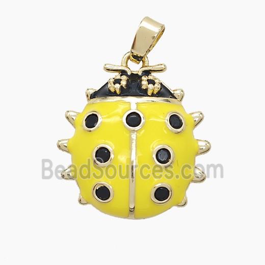 Copper Ladybug Pendant Pave Zirconia Yellow Enamel Gold Plated