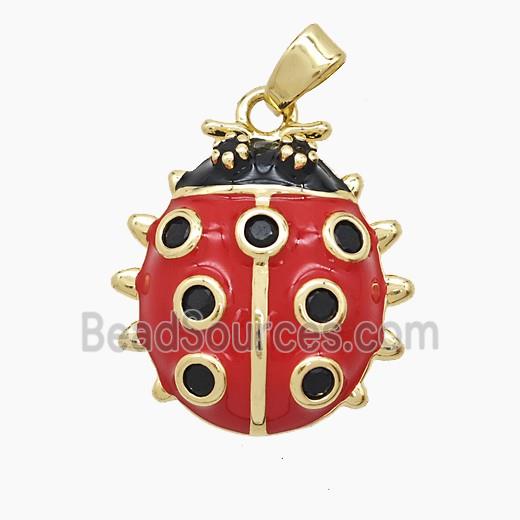 Copper Ladybug Pendant Pave Zirconia Red Enamel Gold Plated