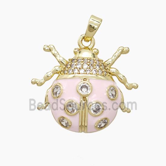 Copper Ladybug Pendant Pave Zirconia Lt.pink Enamel Gold Plated