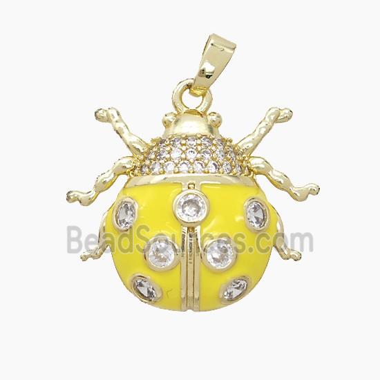 Copper Ladybug Pendant Pave Zirconia Yellow Enamel Gold Plated
