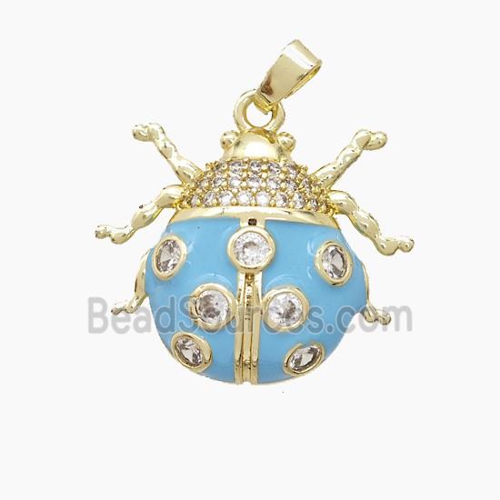 Copper Ladybug Pendant Pave Zirconia Blue Enamel Gold Plated
