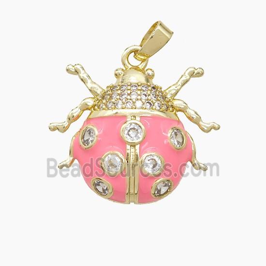Copper Ladybug Pendant Pave Zirconia Pink Enamel Gold Plated