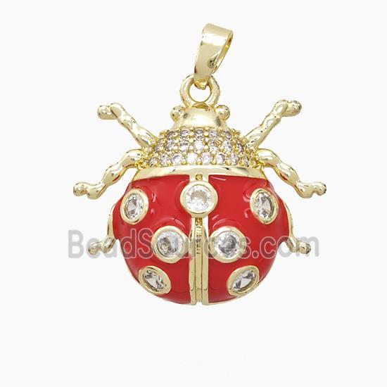 Copper Ladybug Pendant Pave Zirconia Red Enamel Gold Plated
