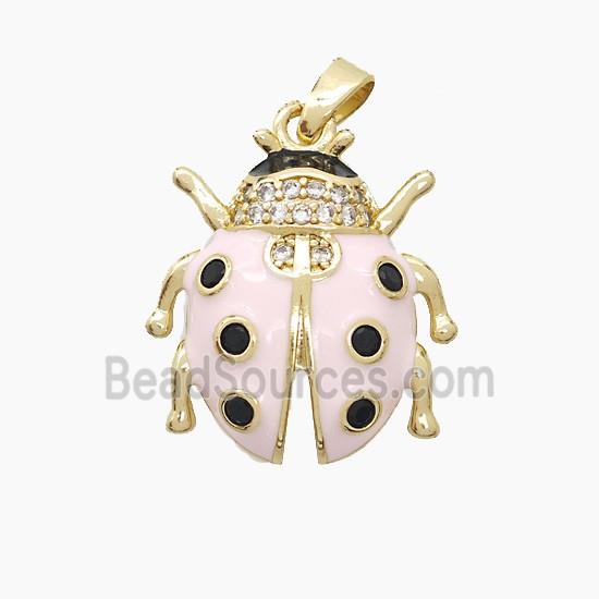 Copper Ladybug Pendant Pave Zirconia Lt.pink Enamel Gold Plated