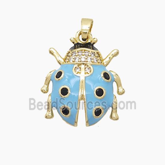 Copper Ladybug Pendant Pave Zirconia Blue Enamel Gold Plated