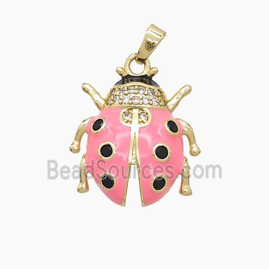 Copper Ladybug Pendant Pave Zirconia Pink Enamel Gold Plated