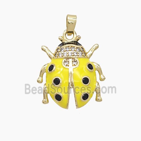 Copper Ladybug Pendant Pave Zirconia Yellow Enamel Gold Plated