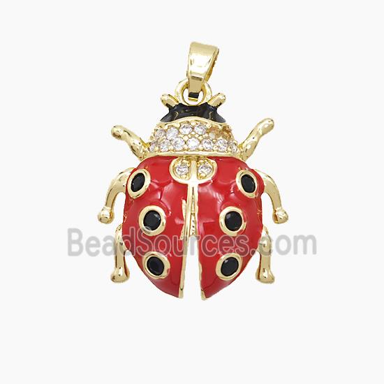 Copper Ladybug Pendant Pave Zirconia Red Enamel Gold Plated